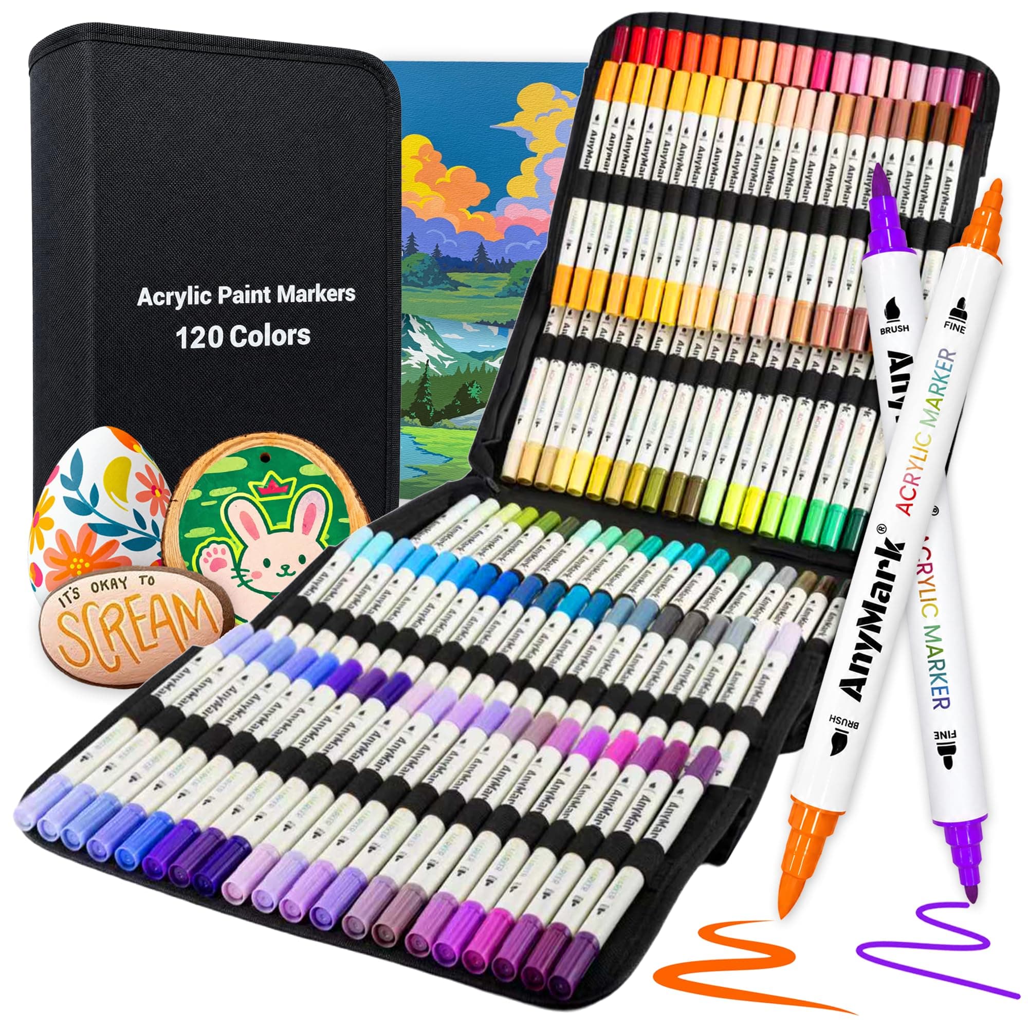 AnyMark 120 Colors Acrylic Paint Markers Brush & Fine Paint Pens | Dual Tip 1-5mm Acrylic Markers for Rock Painting, Canvas, Wood, Ceramic chez Amazon US