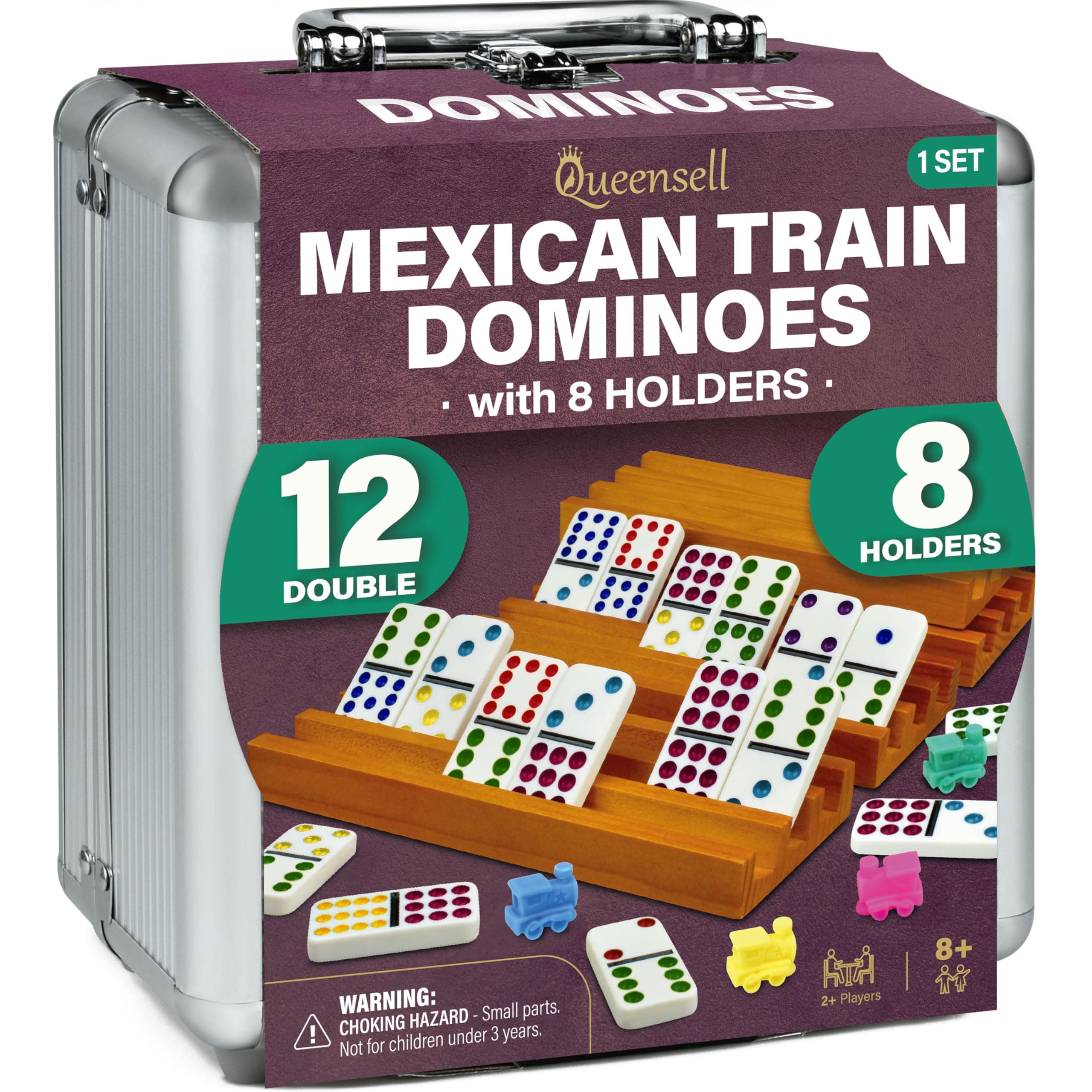 Queensell Mexican Train Dominoes Set with 8 Holders - Wooden Hub and Tiles Holders - Double 12 Tiles with Dots (D12 + 8 Holders) chez Amazon UK