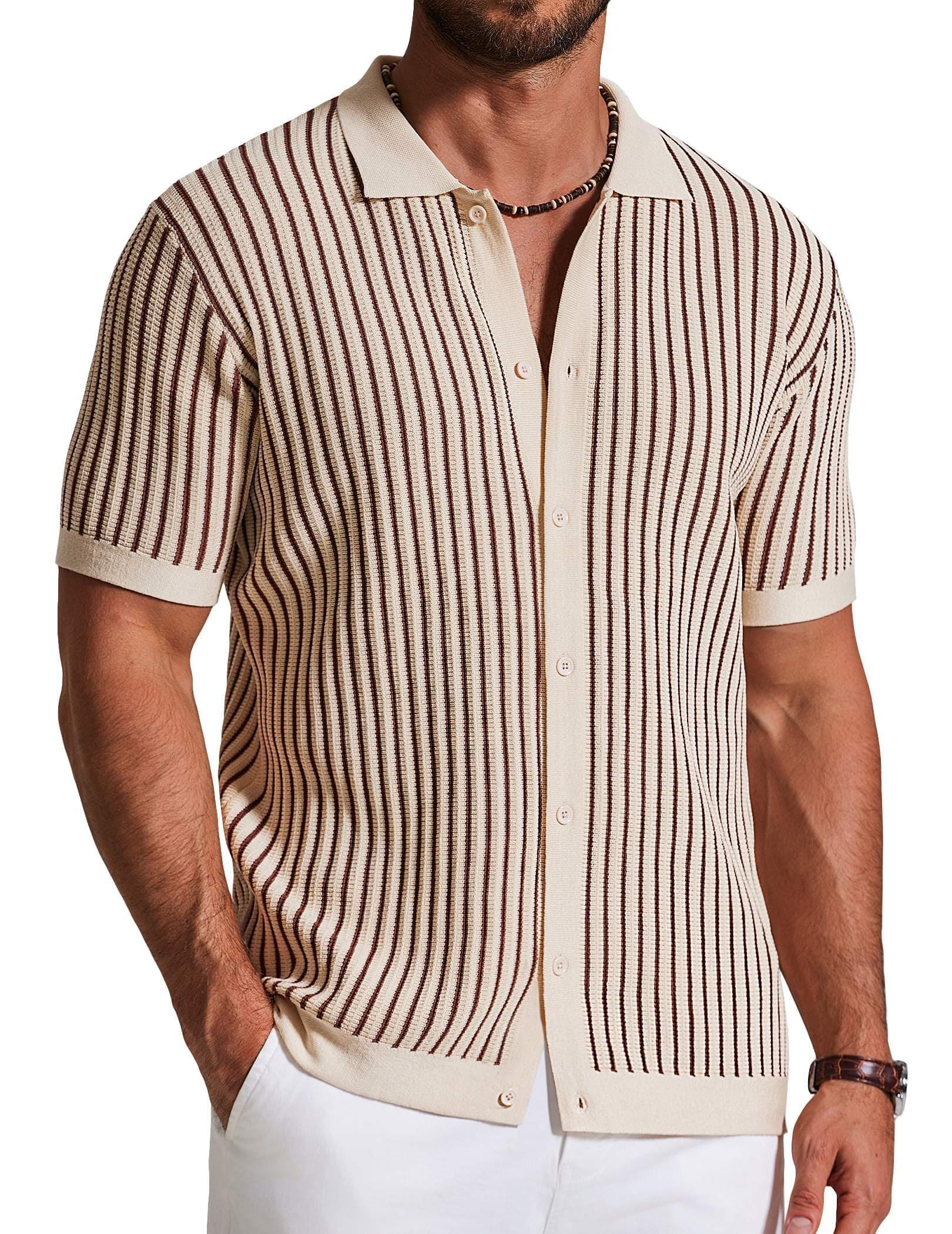 COOFANDY Mens Knit Button Down Shirts Short Sleeve Polo Shirt Vintage Striped Casual Shirts chez Amazon US