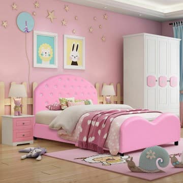 Costway Canada Twin Size Upholstered Platform Toddler Bed with Wood Support chez Costway Canada