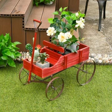 Costway Canada Jardinière en bois style chariot avec roues en métal pour jardin chez Costway Canada