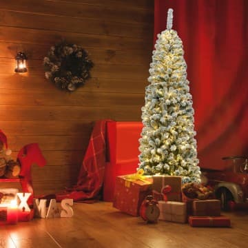 Costway Canada Sapin de Noël artificiel crayon floqué de neige pré-éclairé de 6 pieds chez Costway Canada