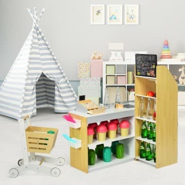 Costway Canada Épicerie marchande en bois pour enfants avec chariot pour jeux de rôle chez Costway Canada