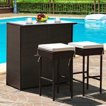 Costway Canada Ensemble de bar d'extérieur 3 pièces en rotin avec 2 tabourets à coussins chez Costway Canada