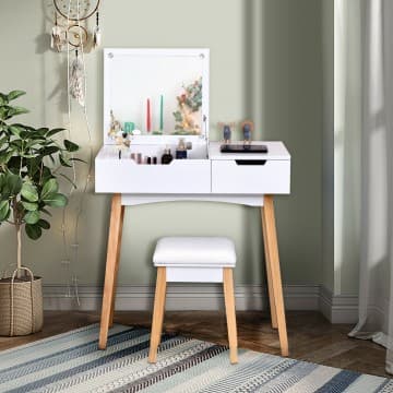 Costway Canada Wooden Vanity Table with Flip Top Mirror and Cushioned Stool chez Costway Canada