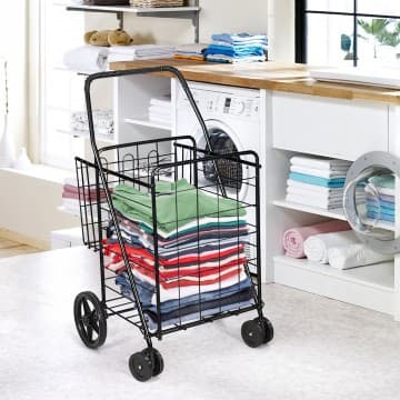 Costway Canada Folding Shopping Cart with Swiveling Wheels and Dual Storage Baskets chez Costway Canada