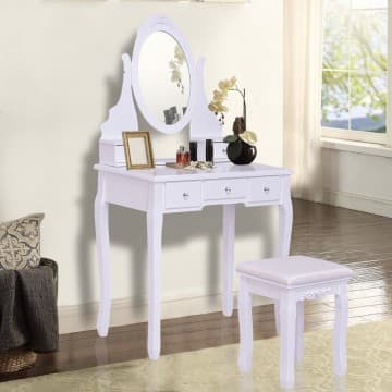 Costway Canada Ensemble coiffeuse en bois avec miroir ovale rotatif à 360° et tabouret chez Costway Canada