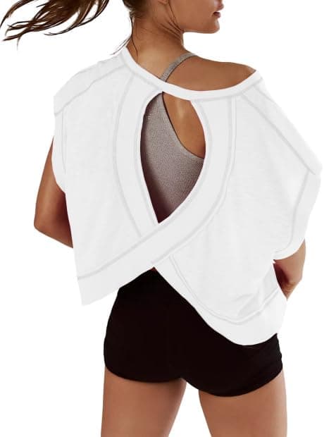 Kumufenc Women Short Sleeve Workout Shirts Open Back Tops Casual Yoga Y2k Athletic Gym Slouchy Crop Running Tees chez Amazon US
