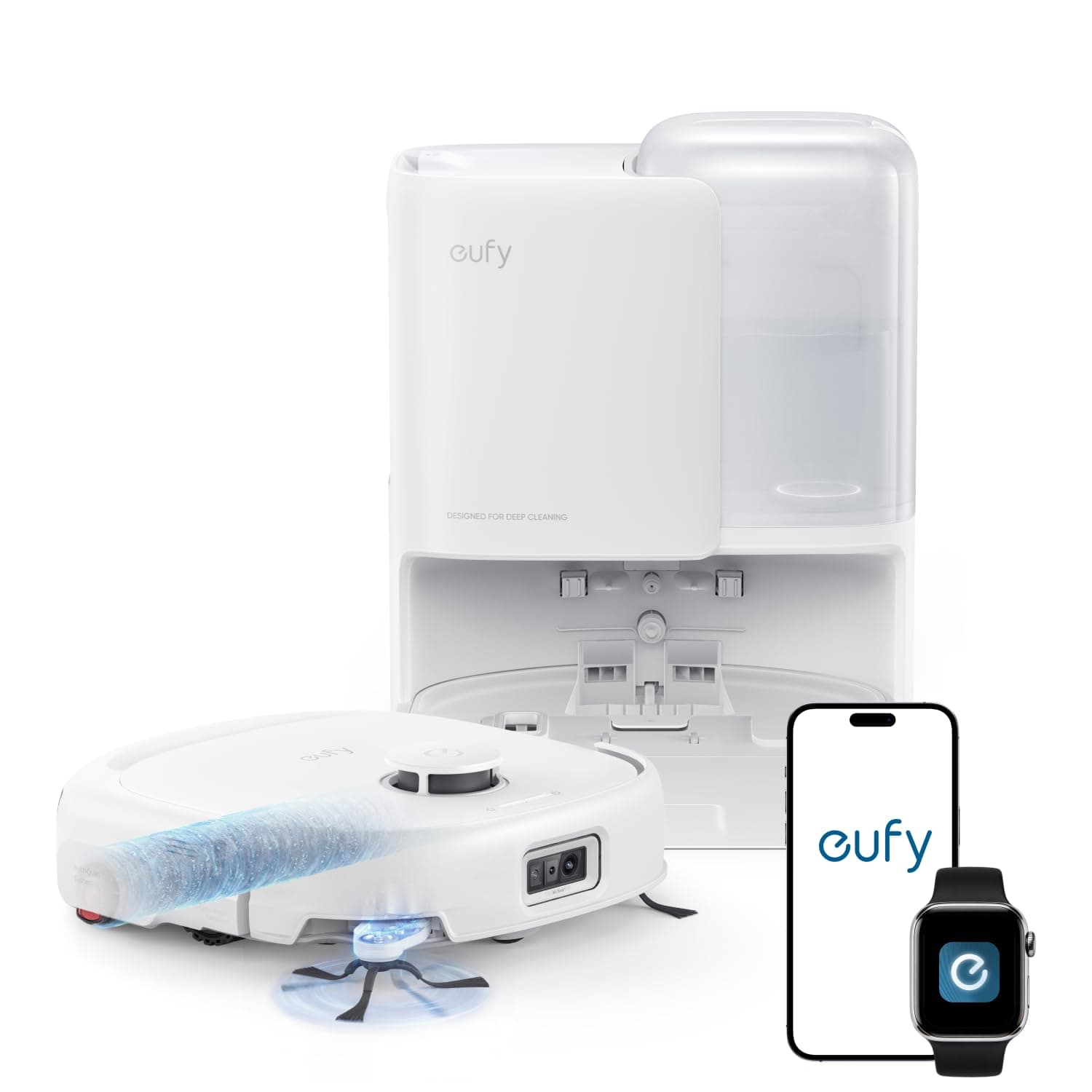 eufy Robot aspirateur E25, système HydroJet avec balai à rouleau, aspiration turbo 20 000 Pa, robot aspirateur et balai tout-en-un, nettoyag