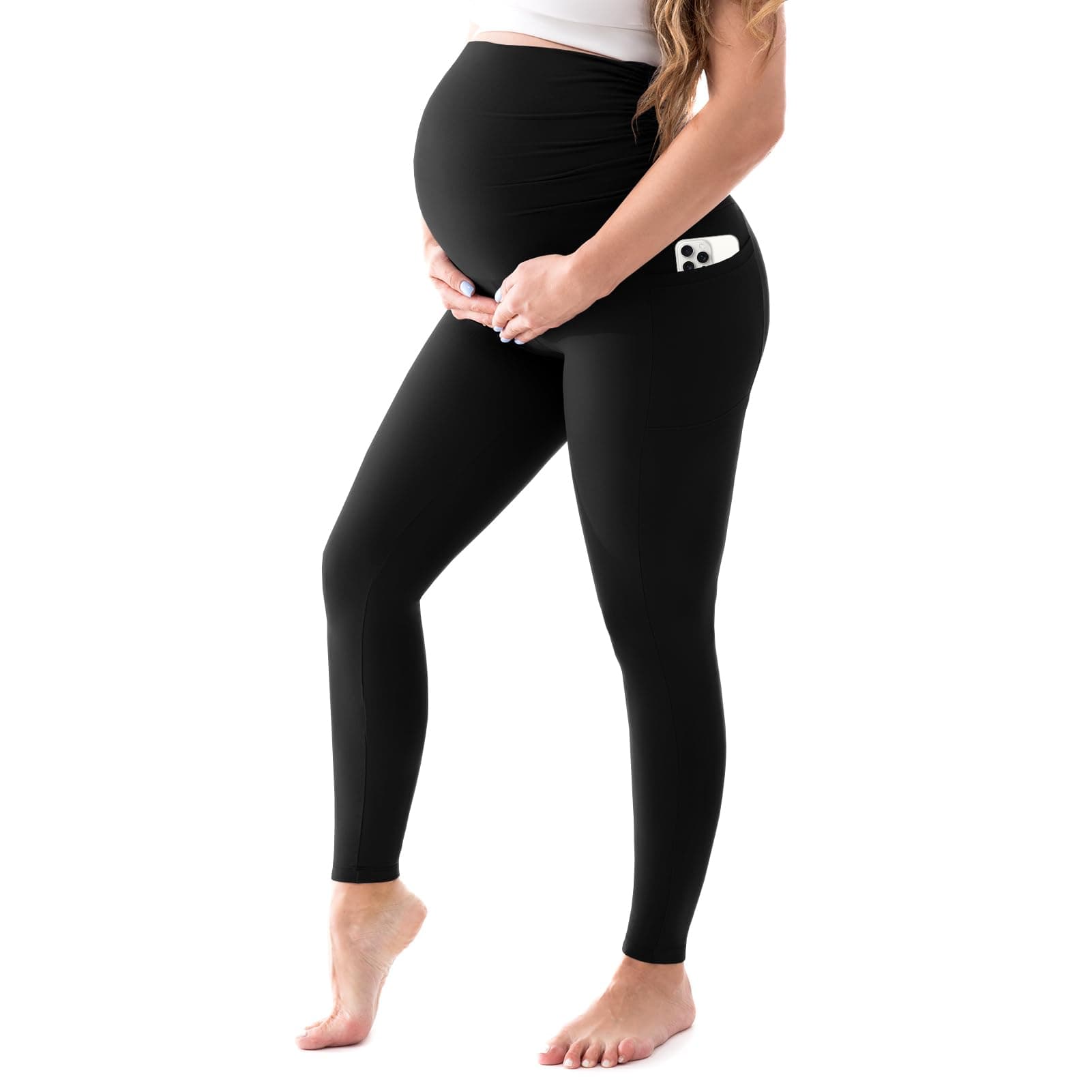 Walifrey Women's Maternity Leggings with Pockets,High Waist Opaque Comfortable Pregnancy Black Leggings