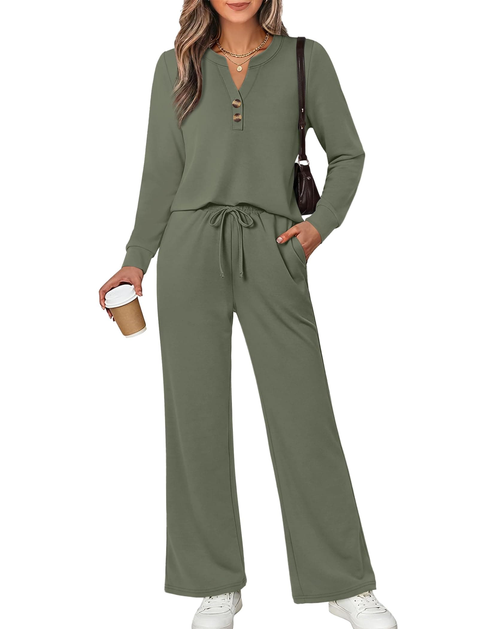 WIHOLL Two Piece Lounge Sets for Women Fall Travel Airport Vacation Outfits | Long Sleeve Wide Leg Pants XS-2XL chez Amazon US