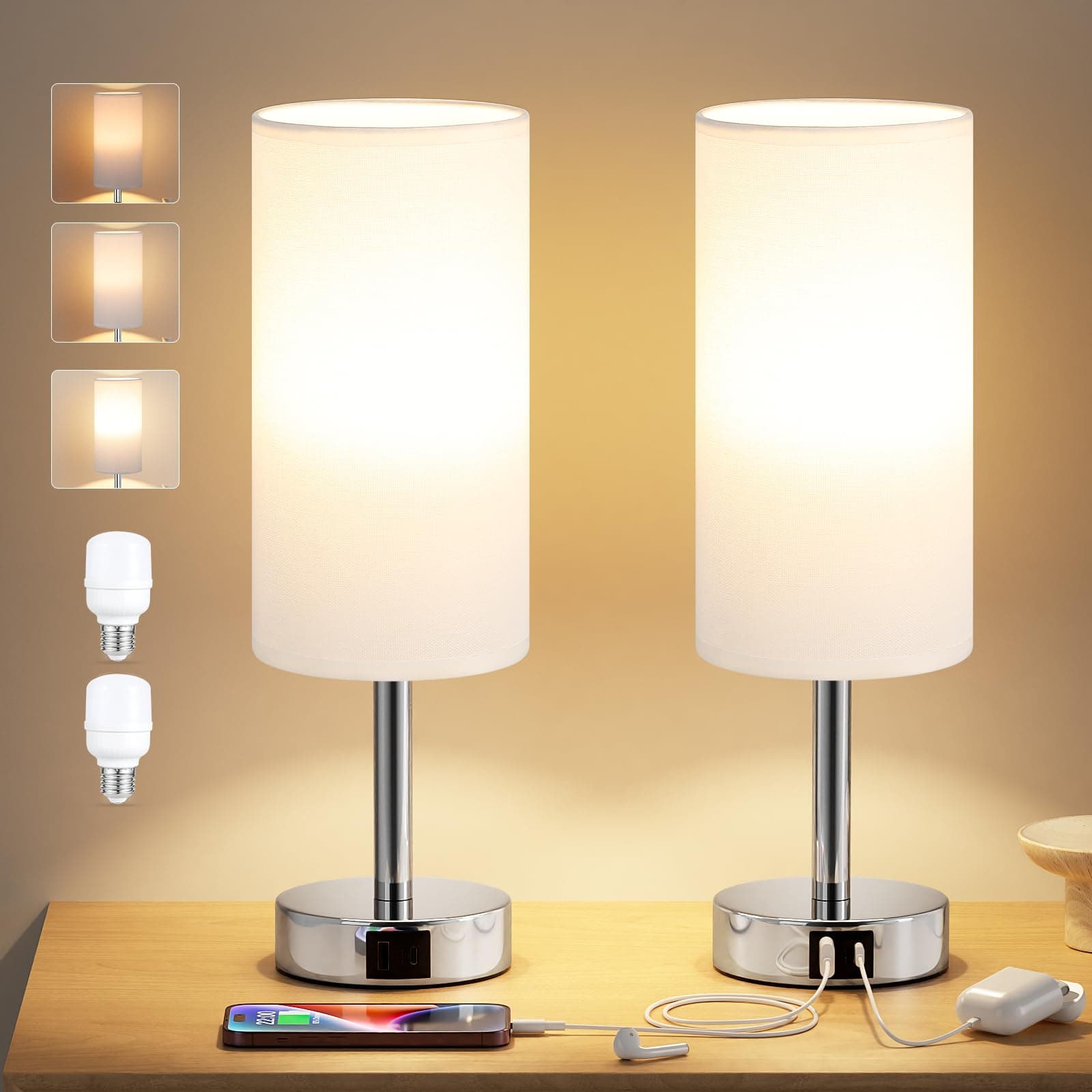 Aooshine White Bedside Lamps Set of 2, Dimmable Table Lamps for Bedroom, Silver Base(Bulb Included)
