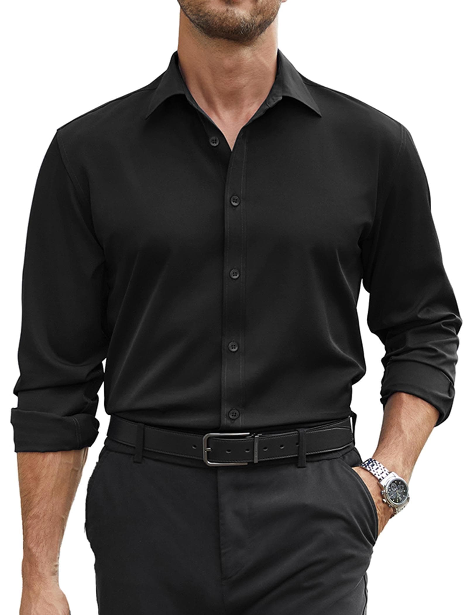 COOFANDY Mens Stretch Dress Shirts Long Sleeve Button Down Shirt Regular Fit Formal Business Shirts