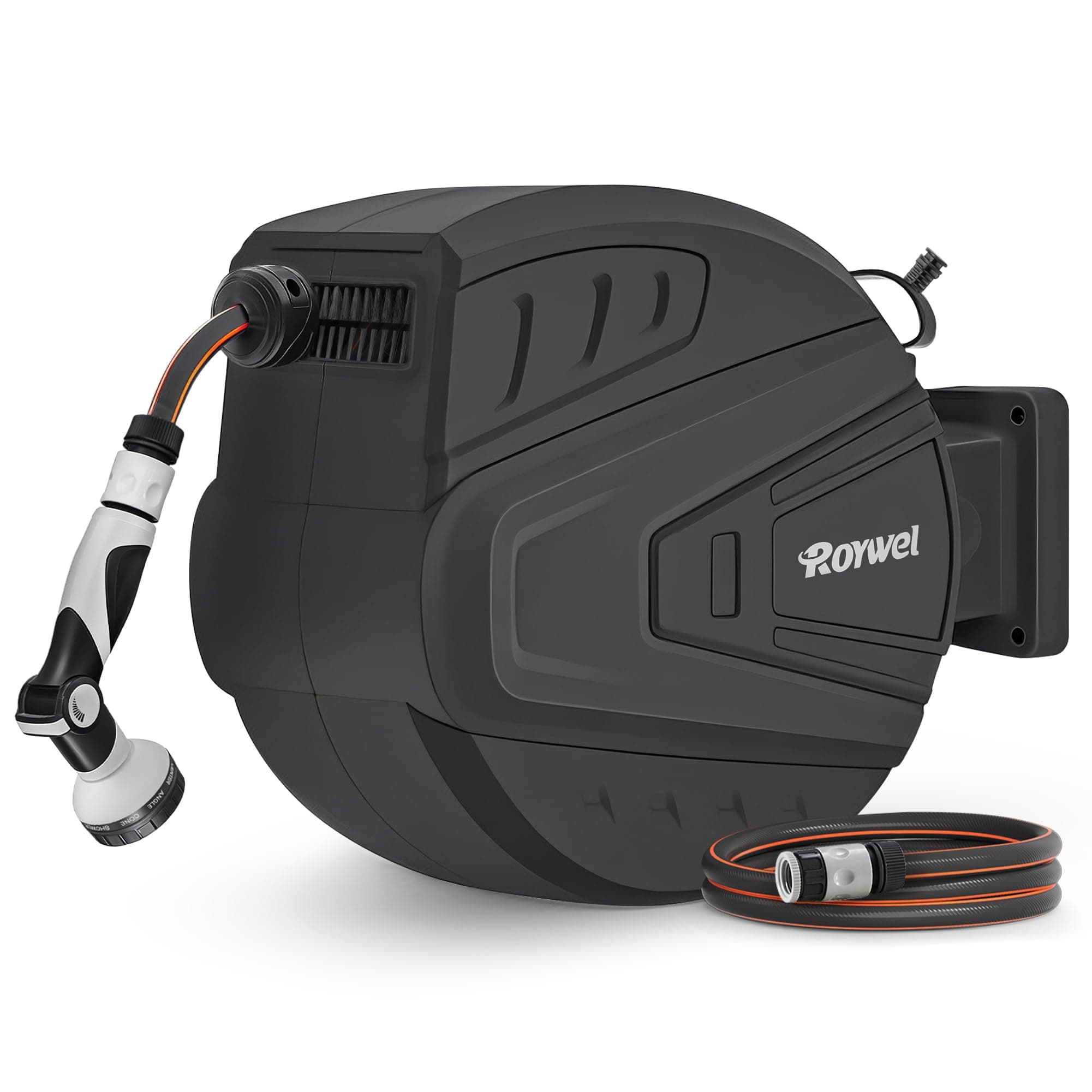 Roywel Auto Reel Garden Hose 30M,Hose Reel wall Mounted,Auto Rewind, Self-Locking System,180° Pivotal with Multifunction Spray Nozzle