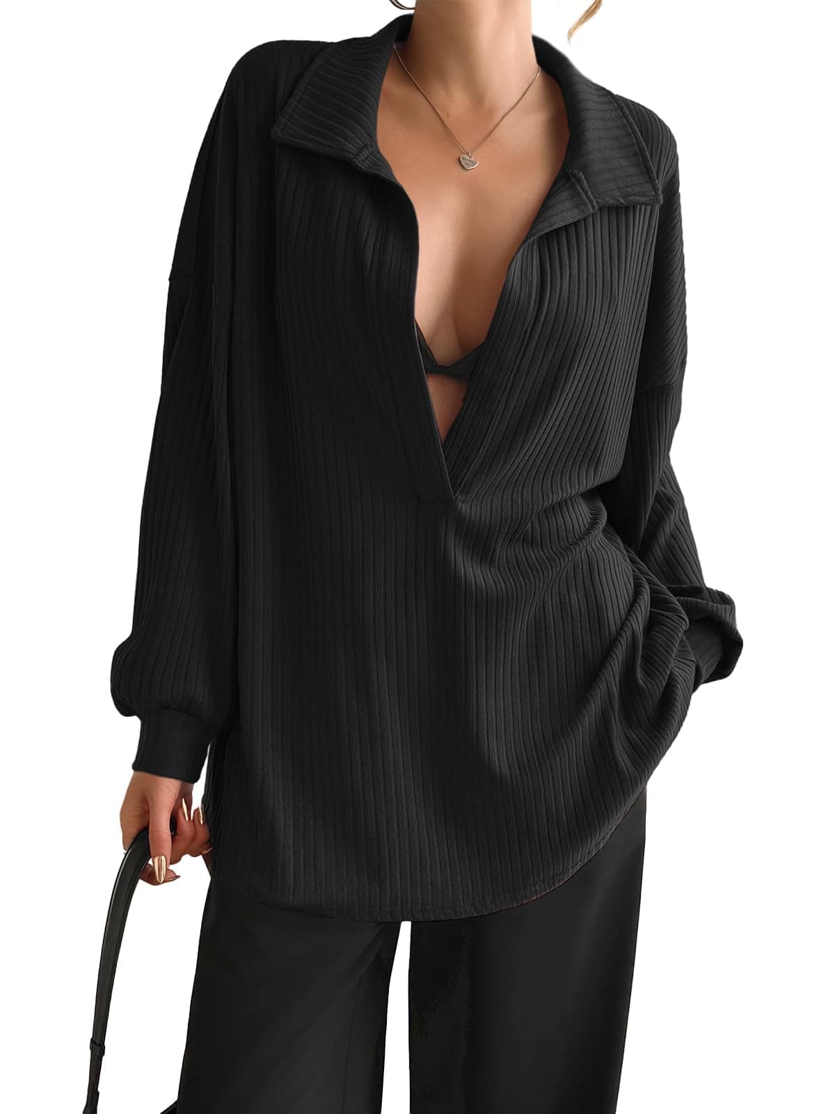 Fisoew Womens Oversized Deep V Neck Sweatshirts Casual Collared Long Sleeve Ribbed Knit Pullover Tops