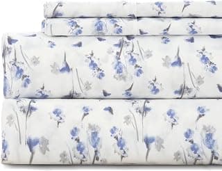 Queen Sheet Set 4PC Printed Light Blue Flower Pattern Double Bed Luxury Cooling Soft 100% Microfiber Brushed Sheets... chez Amazon Canada