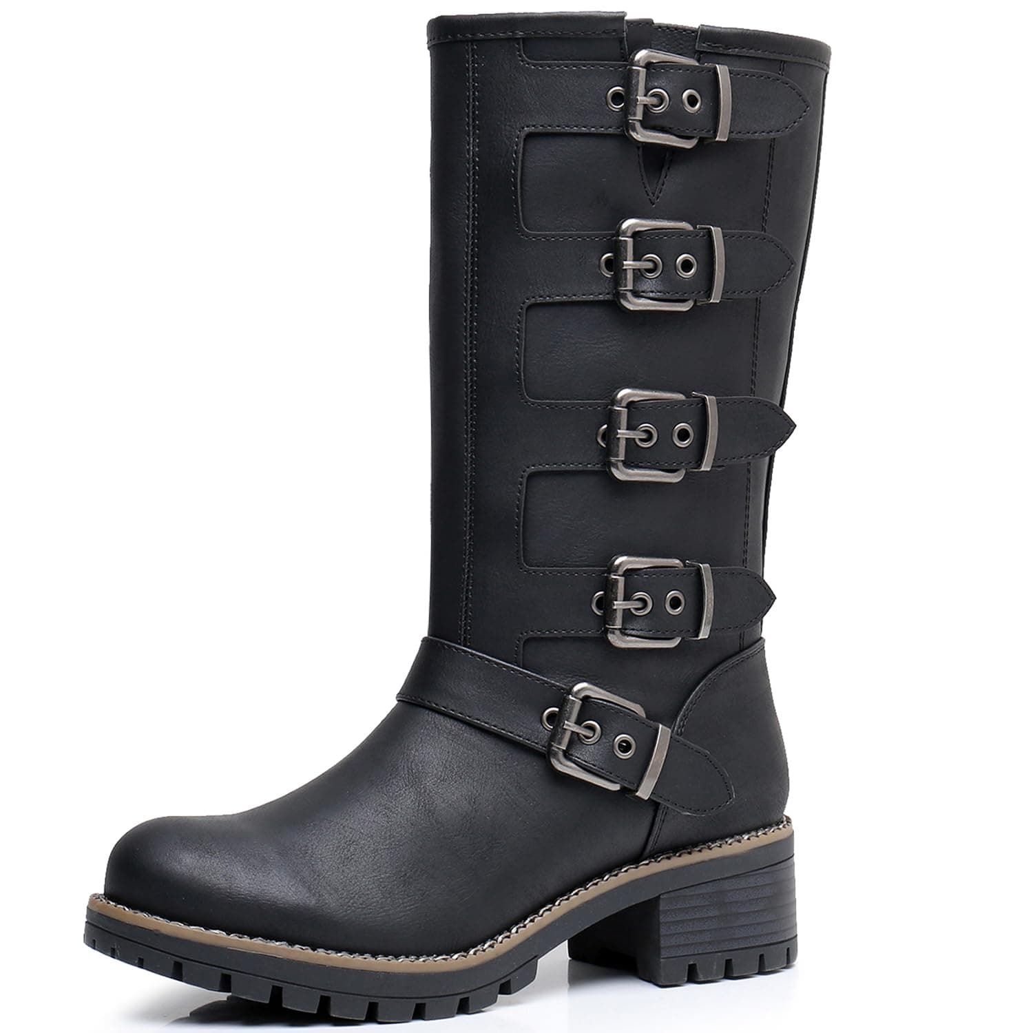 GLOBALWIN Chunky Mid Calf Fashion Dressy Motocycle Biker Military Style Combat Boots for Women Low Heel chez Amazon US