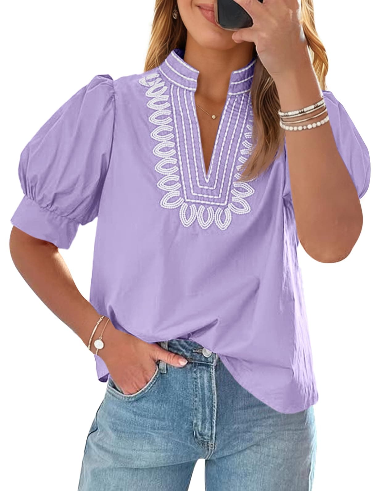 Cicy Bell Womens Puff Short Sleeve Blouses Dressy Embroidered Boutique Tops | Summer Casual, Loose Fit, Trendy, V Neck Shirts chez Amazon US