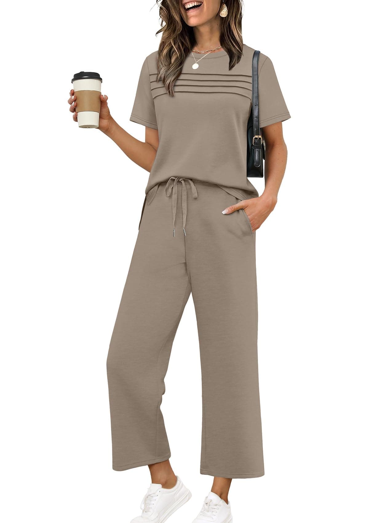 WIHOLL Two Piece Sets for Women Summer Fall Travel Vacation Outfits Short Sleeve Lounge Sets Side Slit Wide Leg Pants S-3XL
