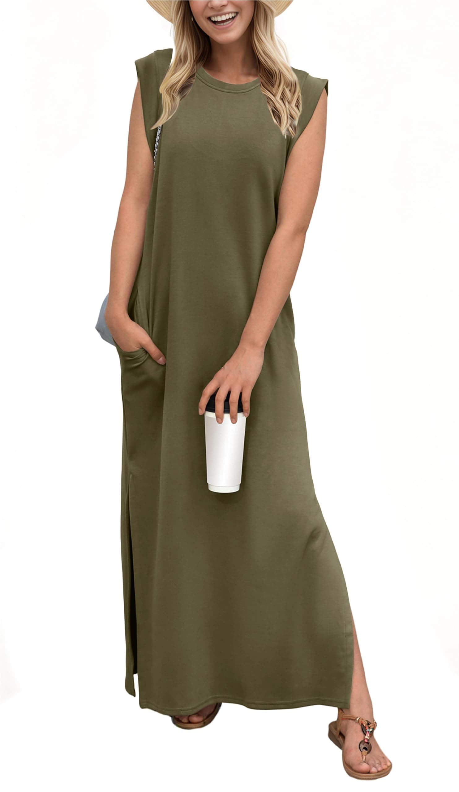 GRECERELLE 2026 Women Year-Round Casual Round Neck Loose Split Wrinkle-Free Long Maxi Vacation Dress with Pockets (XXS-4XL) chez Amazon US