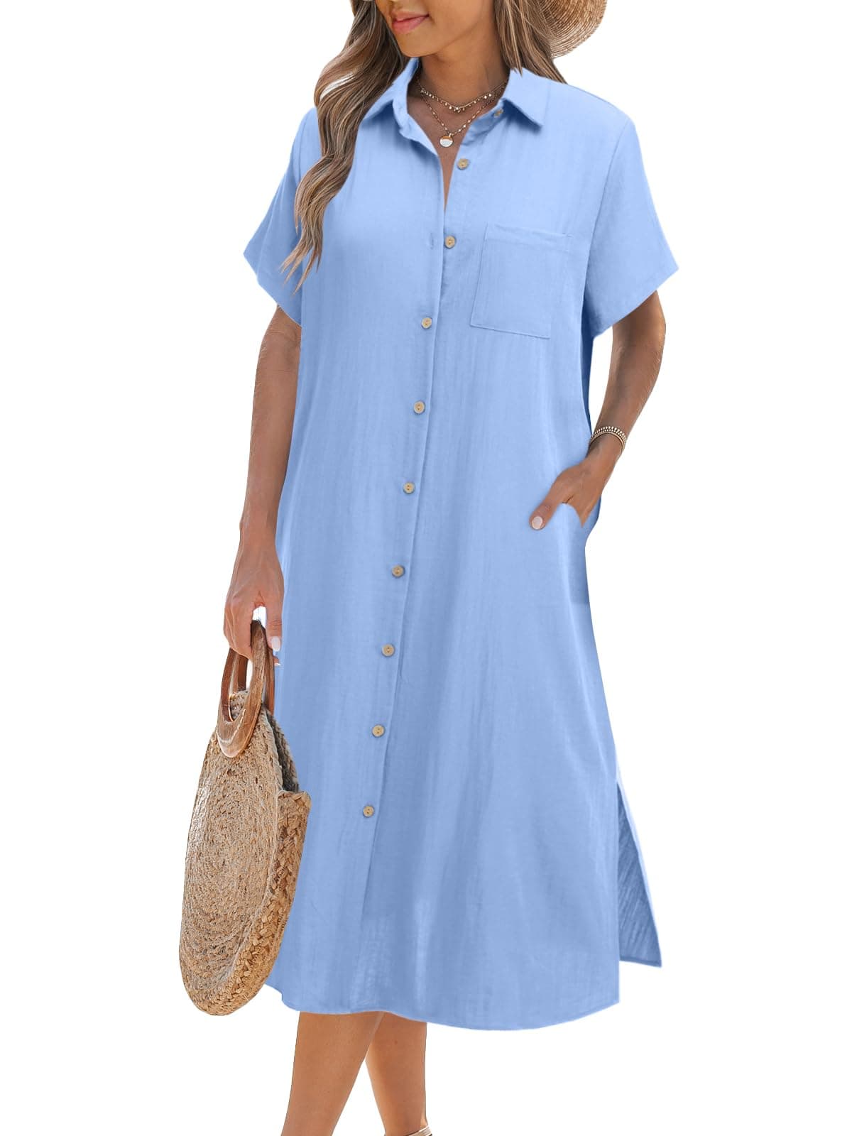 Zeagoo Women Dresses Summer Casual Short Sleeve Button Down Shirt Dresses 2026 Beach Cover Up with Pockets