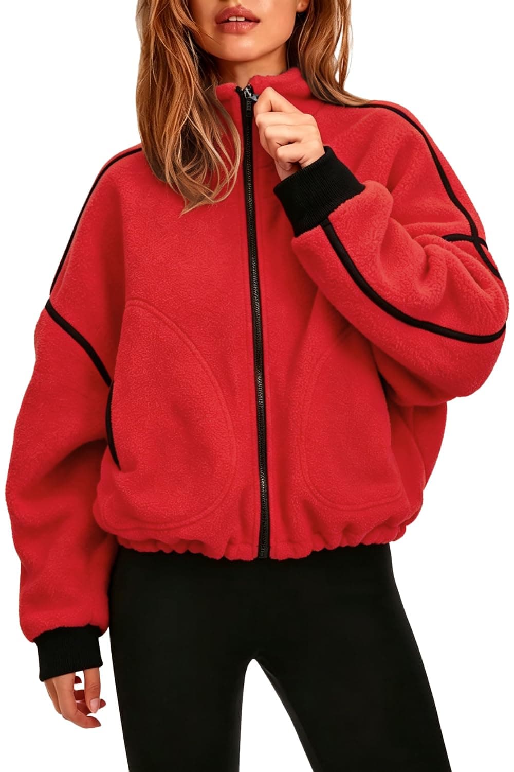 QINSEN Women Fleece Jacket Cropped Full-Zip Up Sherpa Jackets Warm Stand Collar Outerwear with Pockets