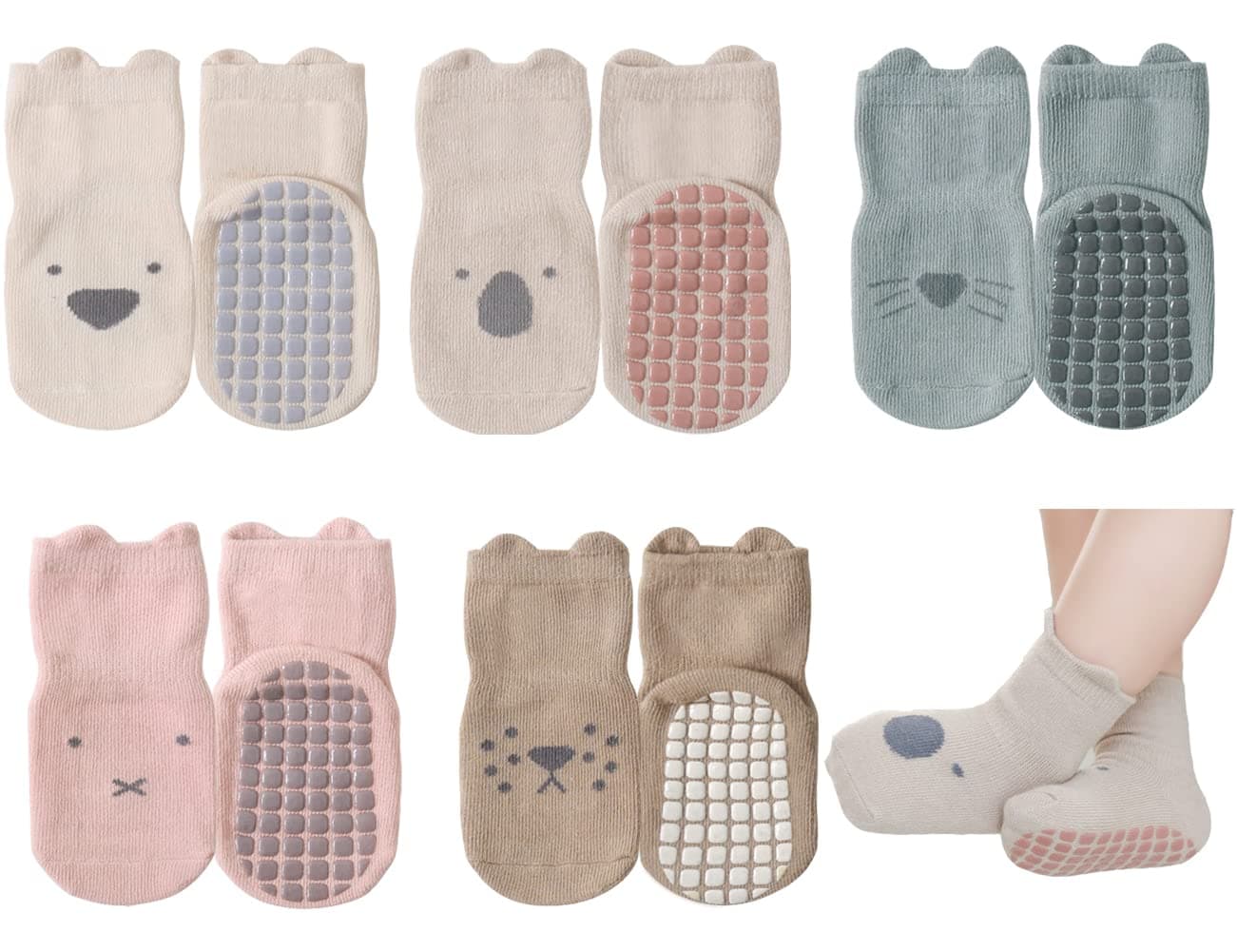 Exemaba Baby Socks with Grips for Girls Boys 5 Pairs Cute Animal Cartoon Toddler Kids Anti-Slip Socks