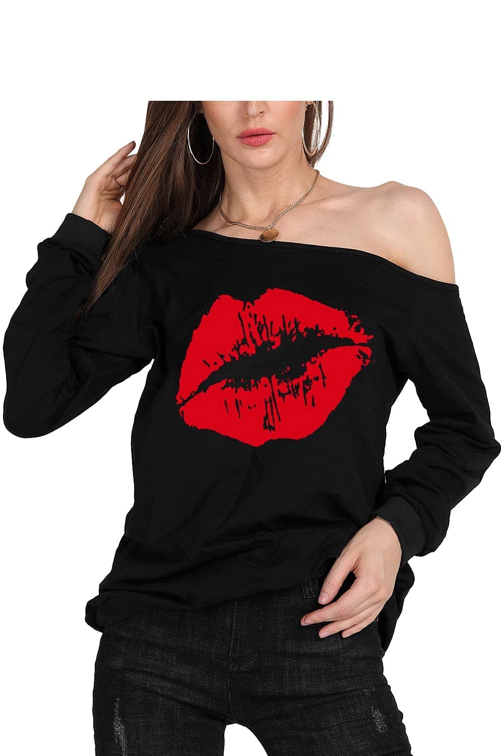 MAGICMK Woman’s Sweatershirt Lips Print Causal Blouse Off The Shoulder Long Sleeve Loose Slouchy Pullover Plus Size Tops chez Amazon US