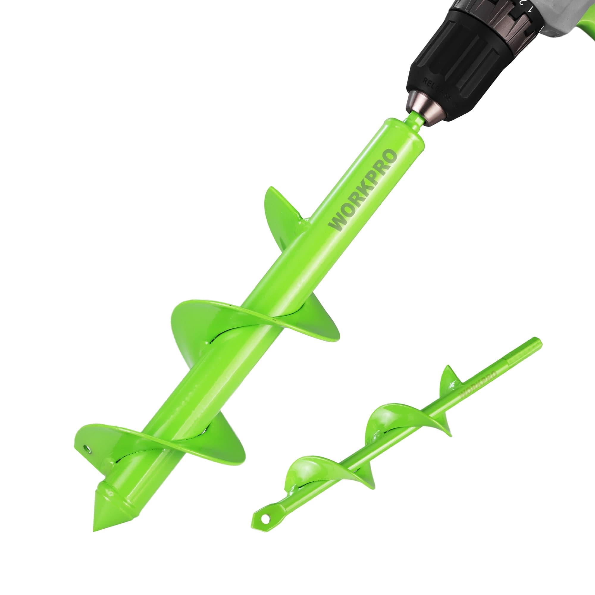WORKPRO 2-Piece Auger Drill Bit Set with Hex Drive, Green | 4 x 22 cm, 8 x 30 cm Garden Post Hole Digger, Digging, Seedling & Planting Use