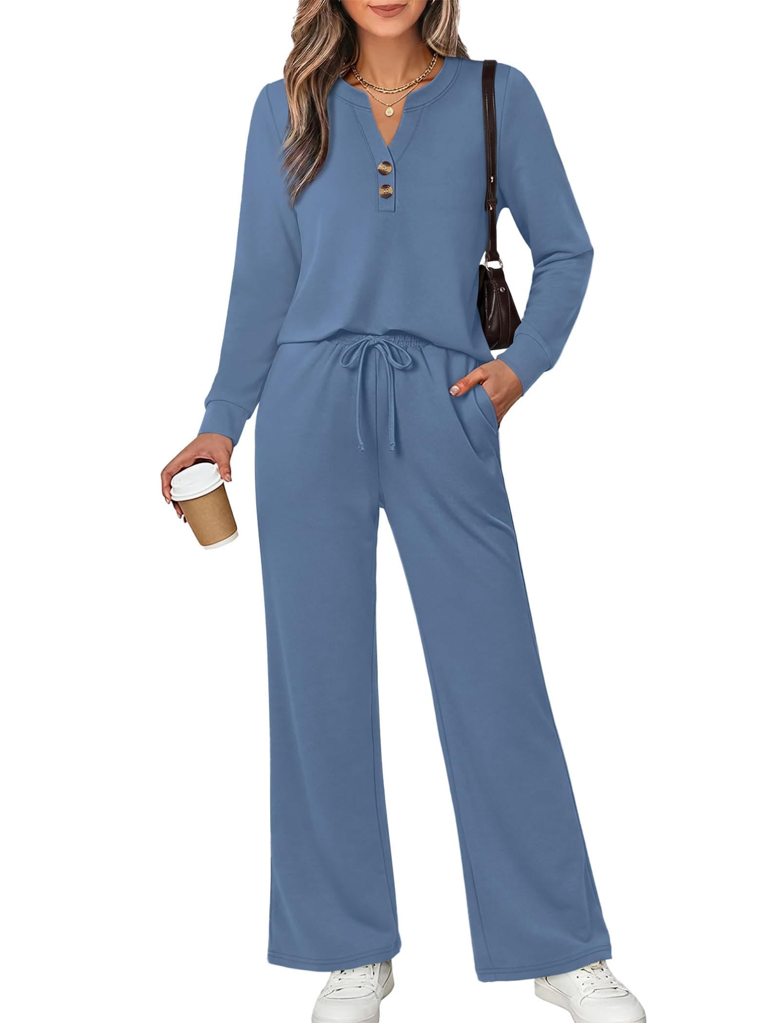 WIHOLL Two Piece Lounge Sets for Women Fall Travel Airport Vacation Outfits | Long Sleeve Wide Leg Pants XS-2XL