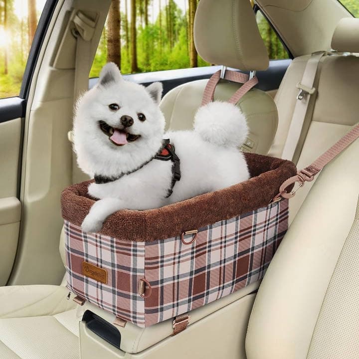 BurgeonNest Center Console Dog Car Seat for Small Dogs up to 9 lbs Cute Plaid