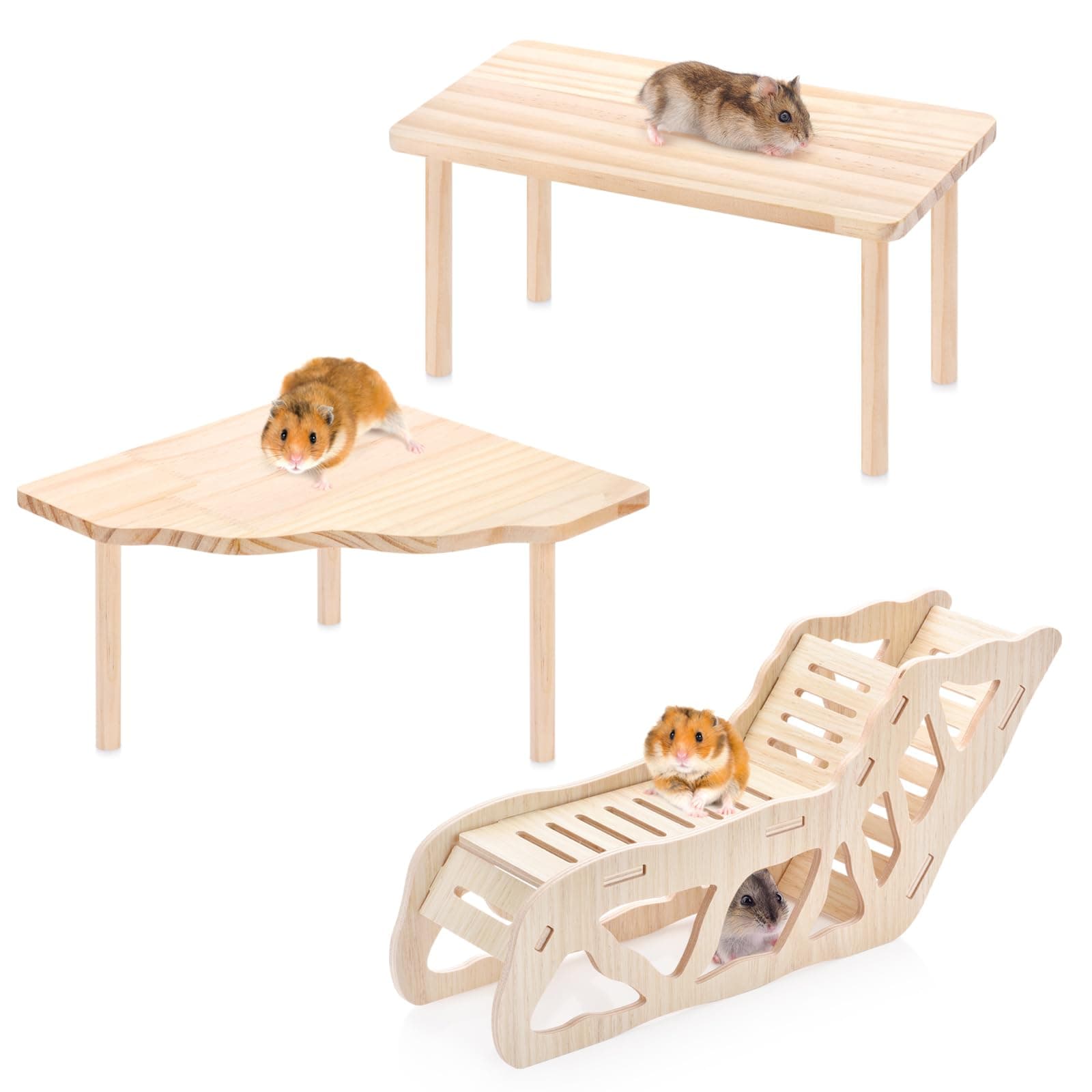 3-piece natural wooden hamster game platform with ladder, tunnel shelter, small animal rest area, hamster cage accessories