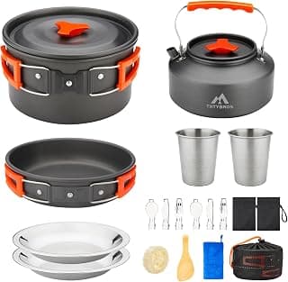 THTYBROS 17pcs Camping Cookware Kit, 0.45Gal Pot, 7inches Pan,0.30Gal Kettle Set with 2 Set Stainless Steel Cups Plates Forks Knives... chez Amazon Canada
