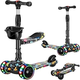 Trottinette 2-en-1 pour enfants de 3-8 ans, hauteur réglable, pliable avec siège amovible, 3 roues lumineuses LED... chez Amazon Canada