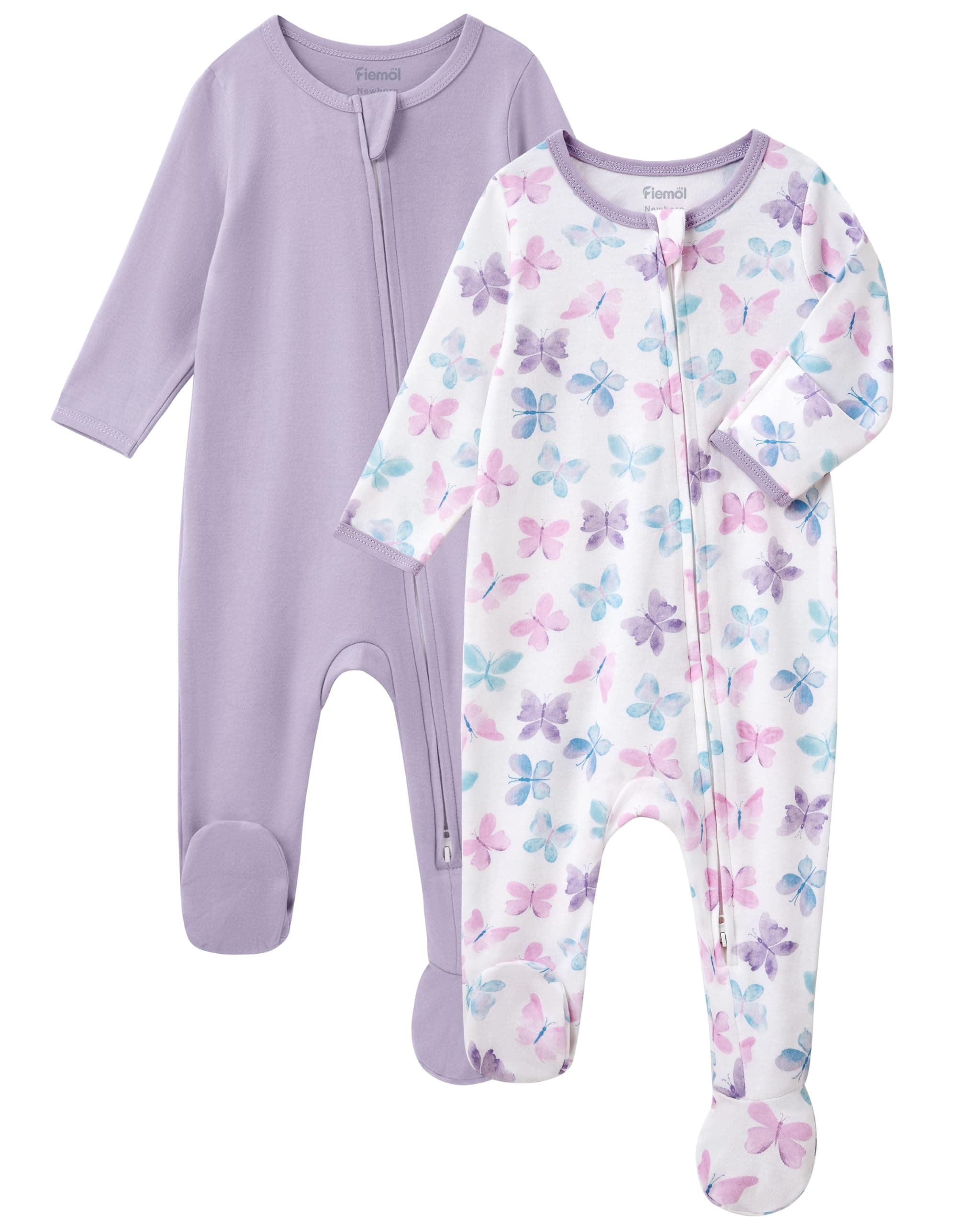 FIEMOL Baby Girl Sleepers 100% Cotton Footie Pajamas Newborn 0-3 3-6 6-9 Months with 2-Way Zipper, 2pcs PJs Baby Girl Clothes chez Amazon US