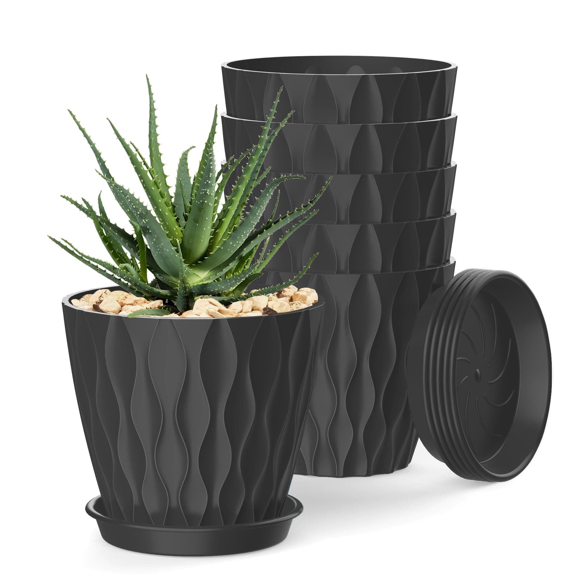SQOKHT 19.8 cm Plant Pots 6 Pack, Flower Planters with Drainage Holes and Saucers,Plastic Pots for Indoor Outdoor Plants (Black)