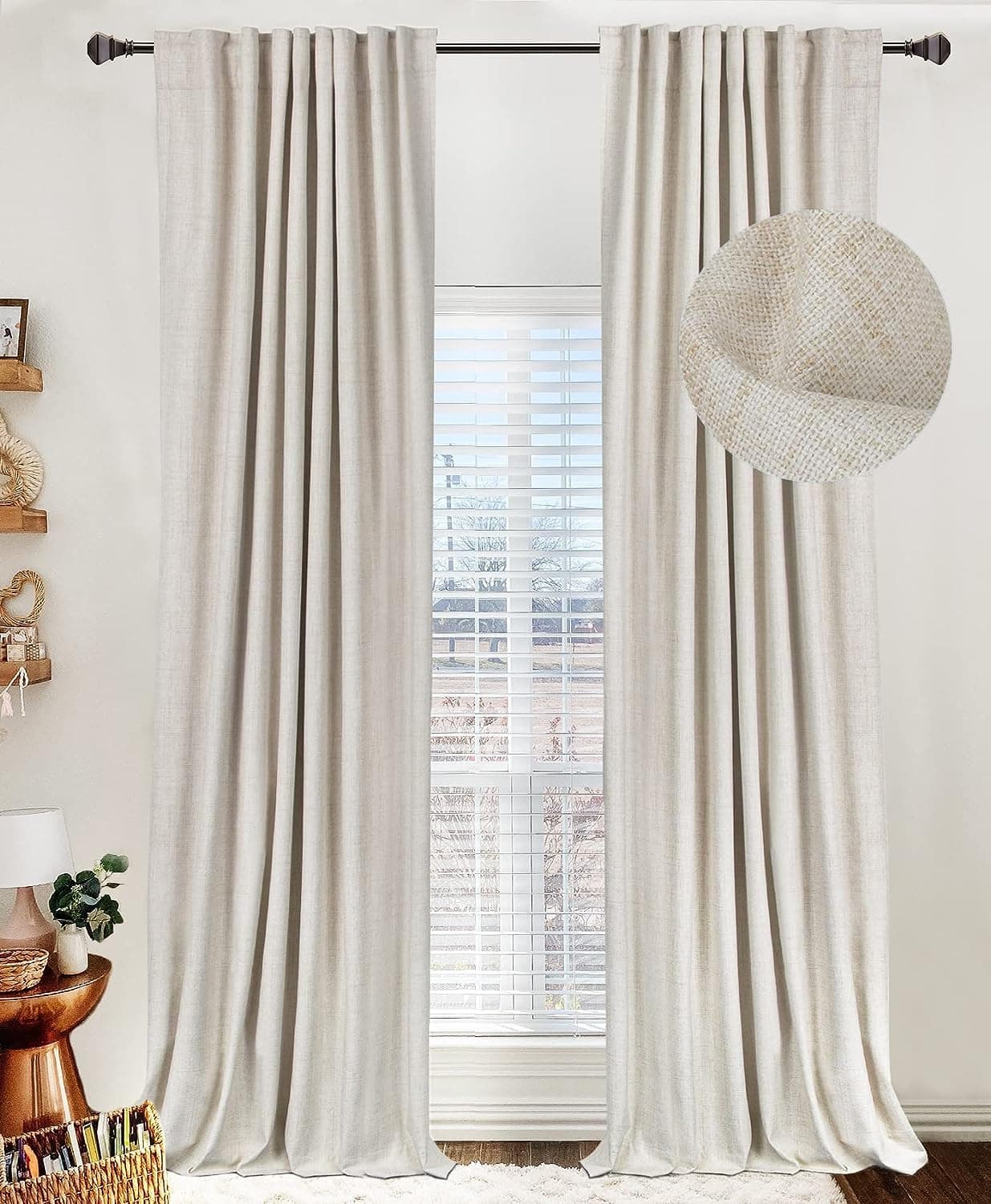 Linen Total Blackout Curtains for Bedroom Living Room 84 Inch, Cream | 100% Blackout Shield