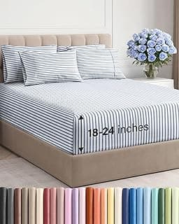 Extra Deep Queen Sheet Set - 6 Piece Breathable & Cooling - Blue Stripes | Hotel Luxury Bed Sheets Set, Easy & Secure... chez Amazon Canada