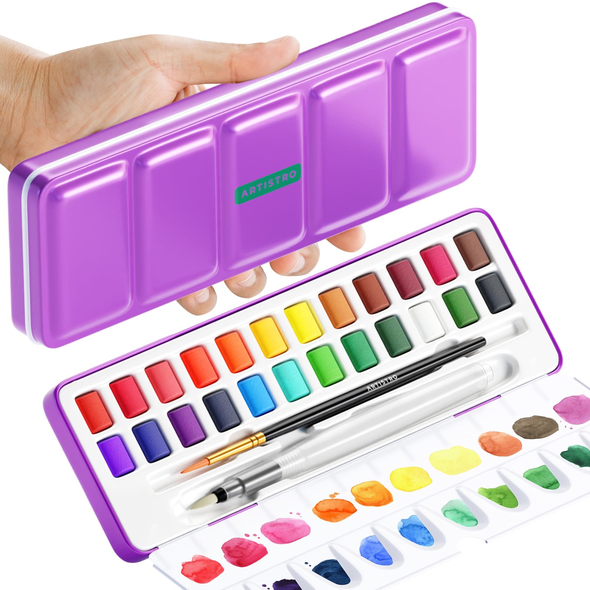 ARTISTRO 24 Watercolour Paint Set - Travel Watercolour Set in Portable Box, Mini Watercolours for Kids, Adults & Hobbyists - Great Gift