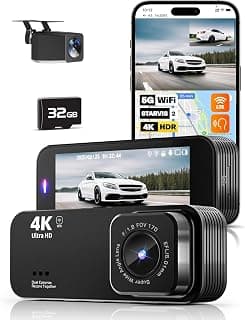 Caméra de tableau de bord pour voiture, 4K + 1080p avant et arrière avec Wi-Fi 5G, carte intégrée de 32 Go, vision nocturne,... chez Amazon Canada