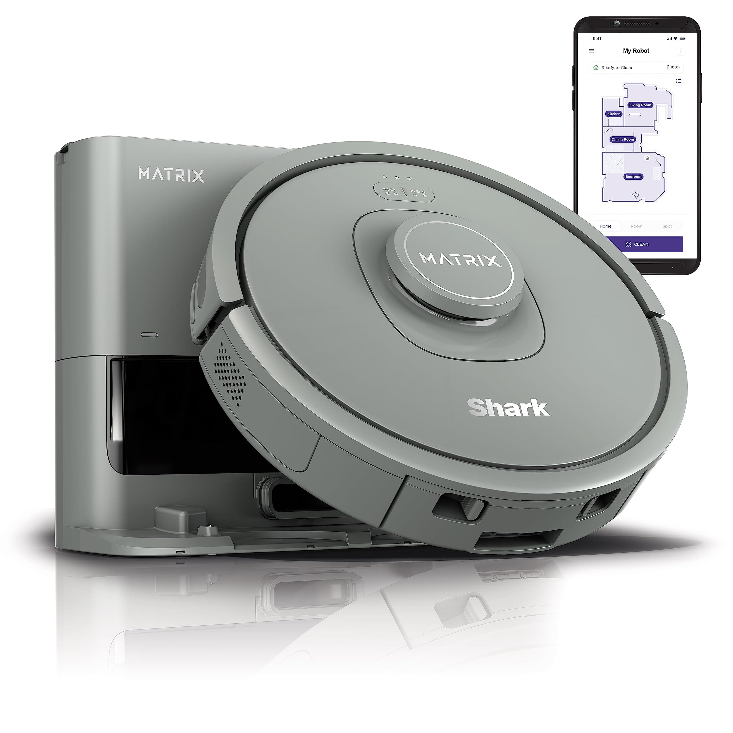 Shark RV2300SCA Matrix Aspirateur robot auto-vide sans taches manquées sur les tapis et les sols durs, base de capacité de 30 jours sans sac