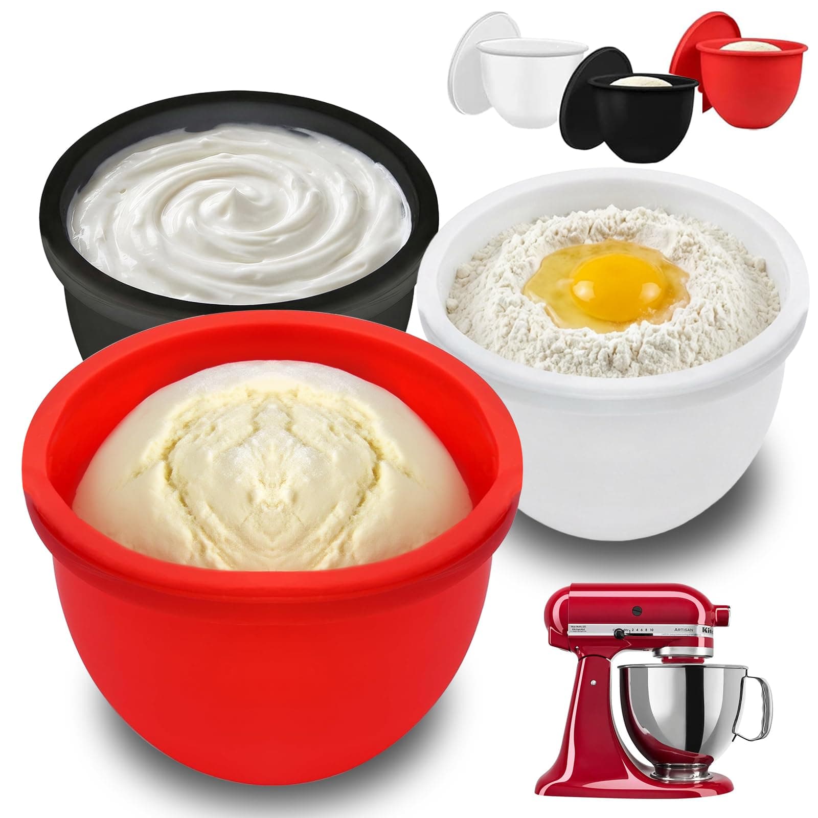 GuanQiao Silicone Bowl Liners for 5 Qt KitchenAid Mixers, 3 Liners with Lid