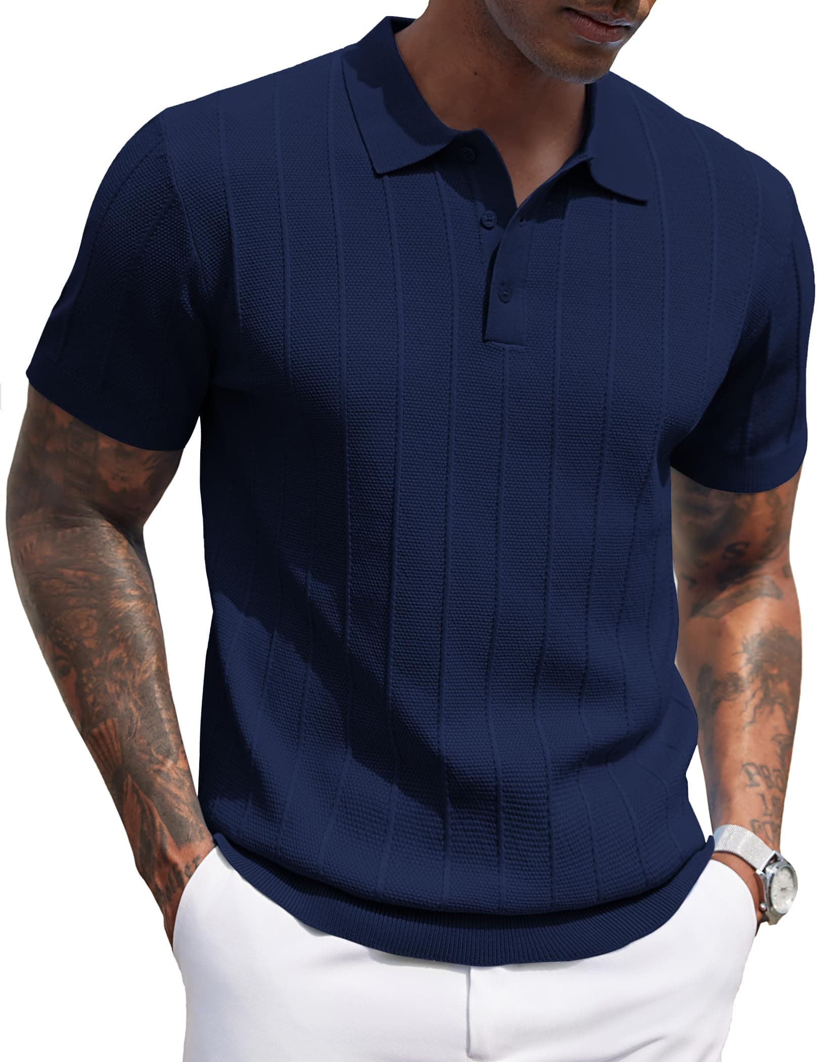 COOFANDY Mens Knit Polo Shirts Short Sleeve Ribbed Textured Polo Shirt Lightweight Casual Golf Shirts Collared T Shirt