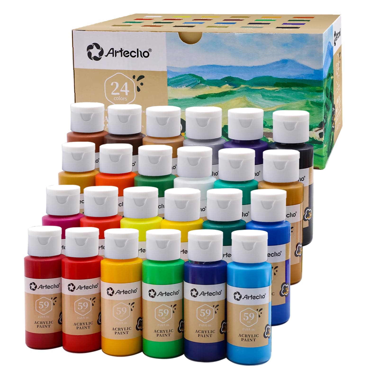 Artecho Acrylic Paint Set - 24 Colors, 2 Oz/59ml Basic Acrylic Paint for Art, Crafts, Canvas, Fabric, Wood, Leather & Stone chez Amazon UK
