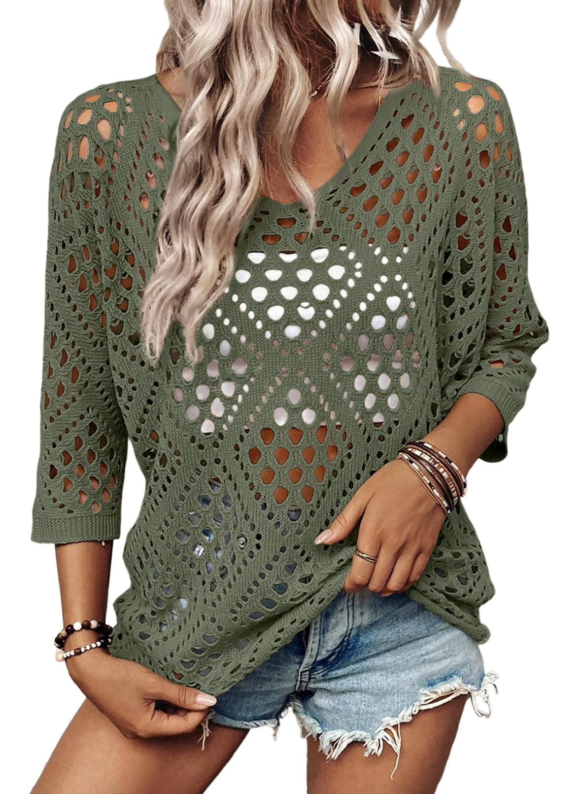 SHEWIN Womens Summer Tops Hollow Out Beach Crochet Cover Ups V Neck 3/4 Sleeve Pullover Sweater Shirts