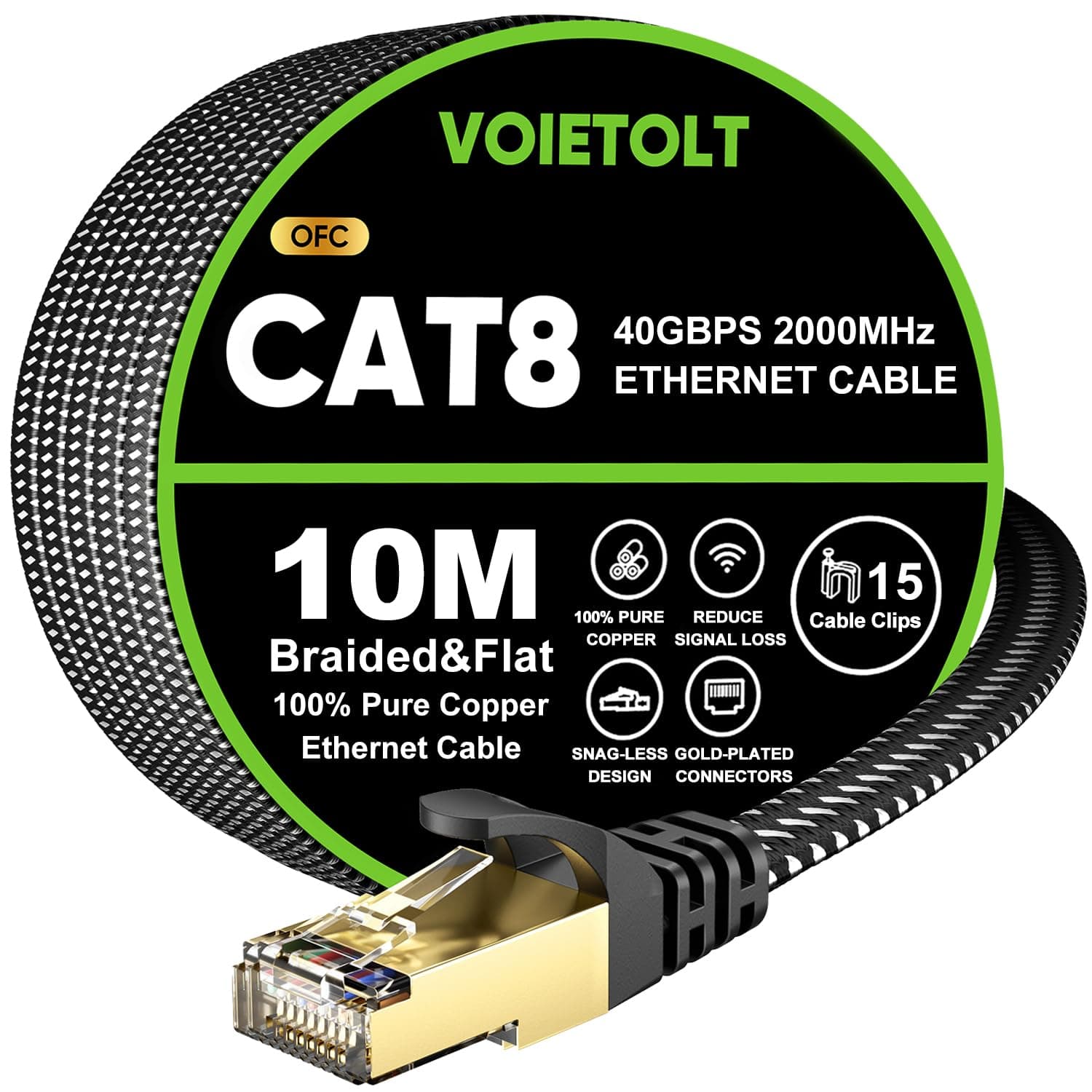 VOIETOLT Cat 8 Ethernet Cable 10M, High-Speed 40Gbps/2000Mhz Flat Braided Internet Cable, Gigabit STP RJ45 Network Cable Compatible... chez Amazon UK