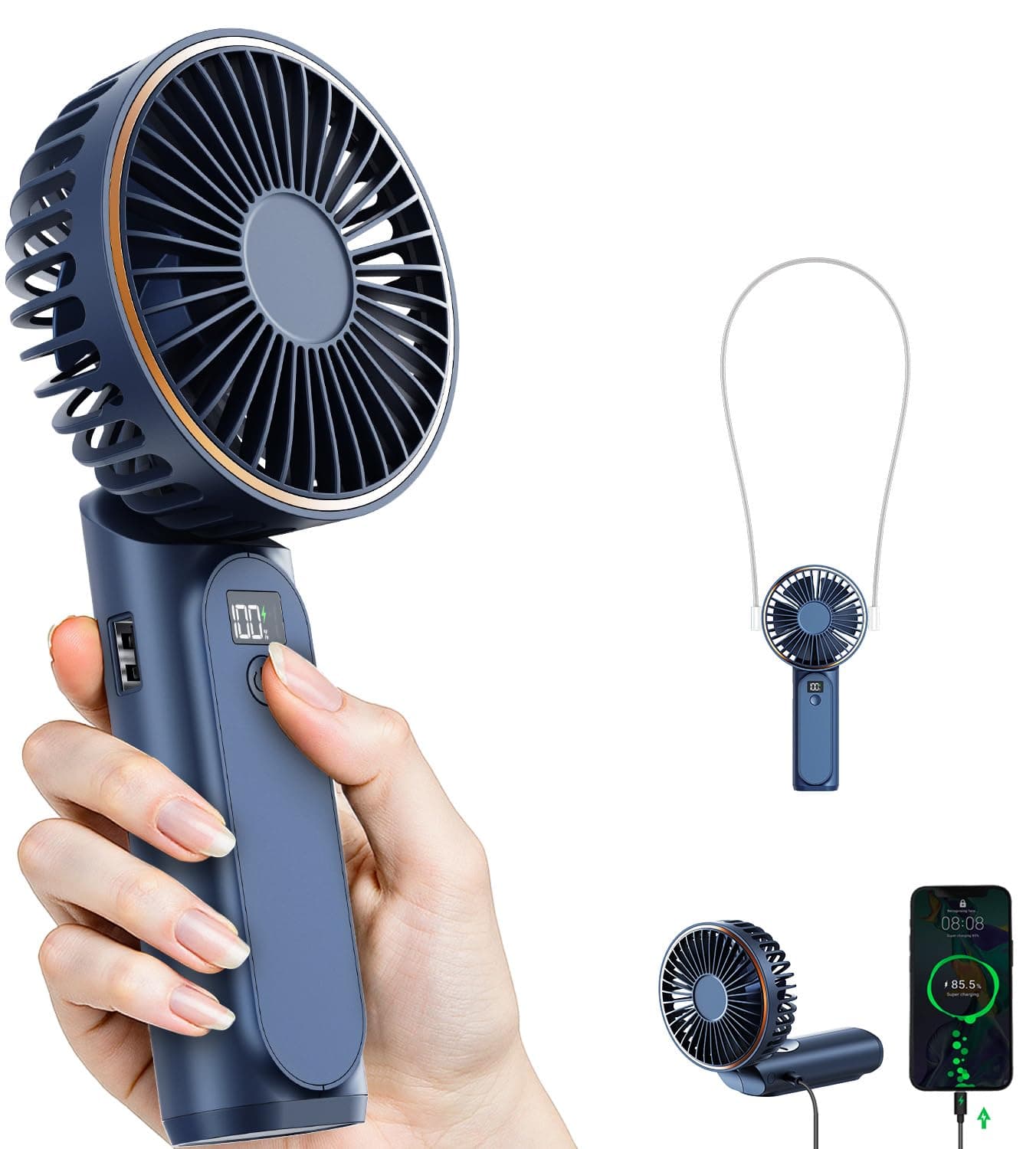 TUNISE Portable Handheld Fan 4000mAh Mini Fan 6 Speed LED Display 180° Adjustable Navy Blue chez Amazon UK