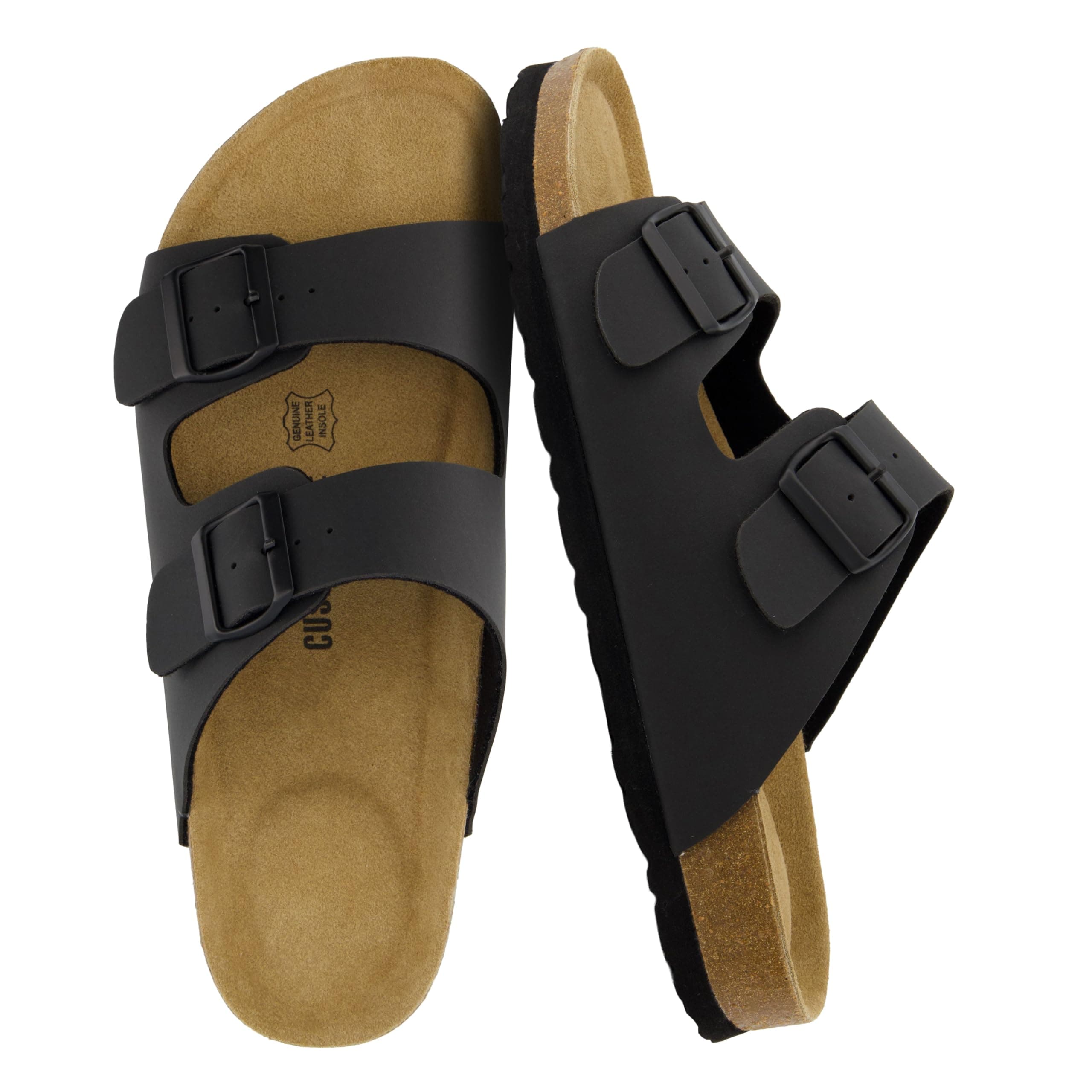 CUSHIONAIRE Lane Cork Footbed Mens Sandals, Adjustable Buckle Comfort Slides for Men, Genuine Leather Insole Summer Sandals Men Footwear