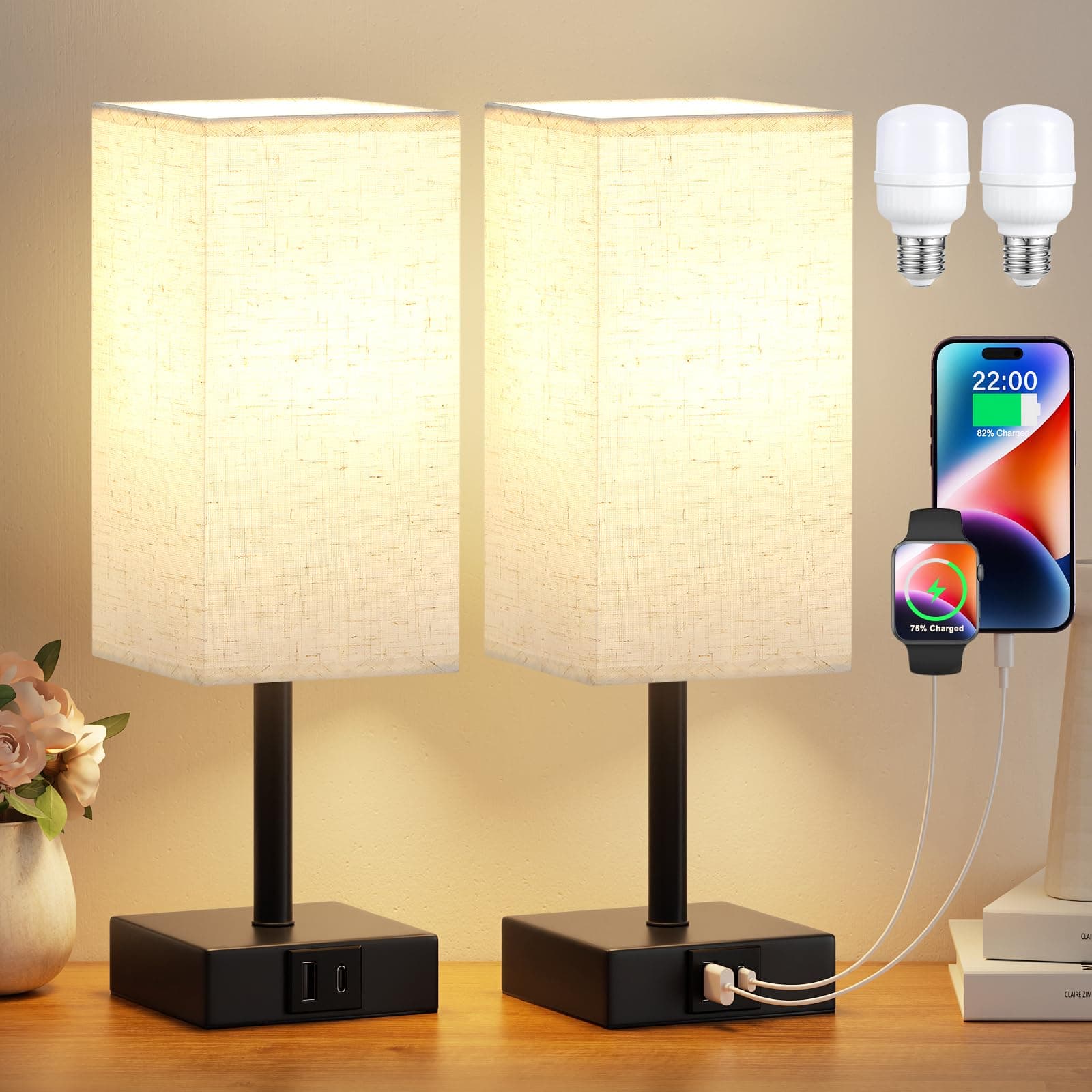 PreeOtti Bedside Table Lamps Set of 2, Dimmable White Bedside Lamps with 2 USB Charging Ports, Black Base (Bulbs Included)