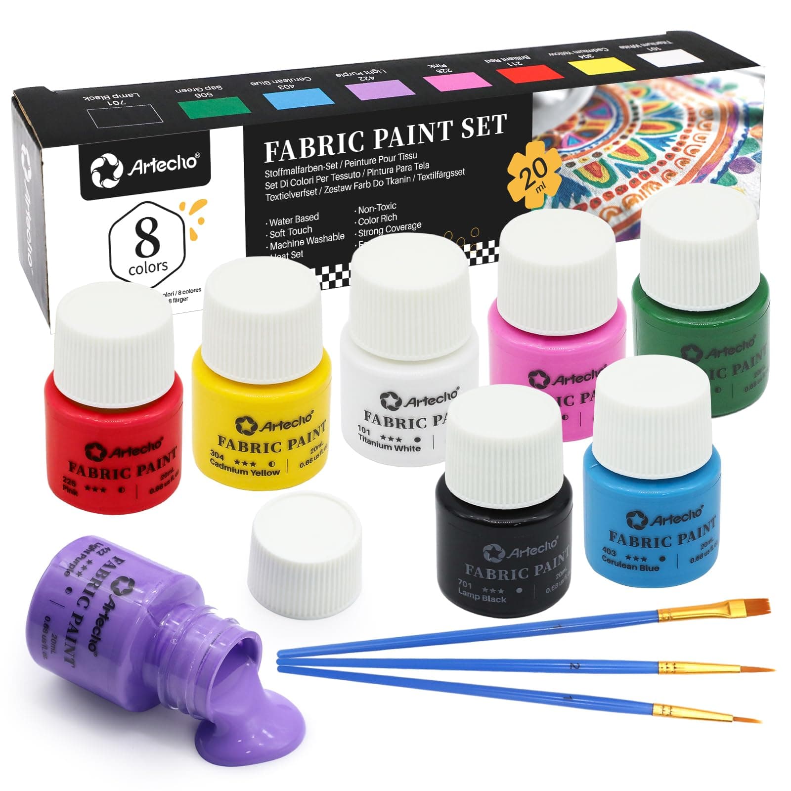 Artecho Fabric Paint 8 Colors, 20 ml / 0.7 oz Fabric Paint for Clothes Permanent, Furniture Upholstery